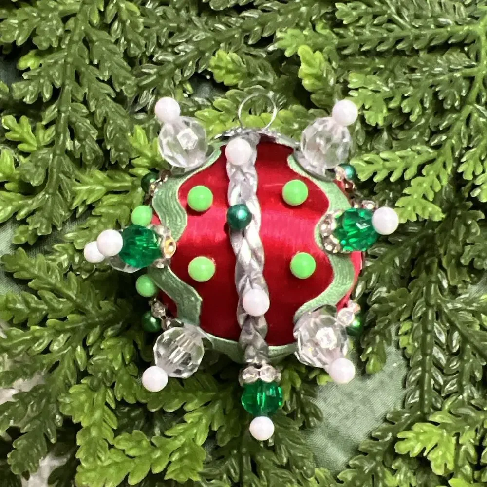 Set of 2 Mini Push Pin Sequins Satin Thread Ball Christmas Ornaments Santa Peace
